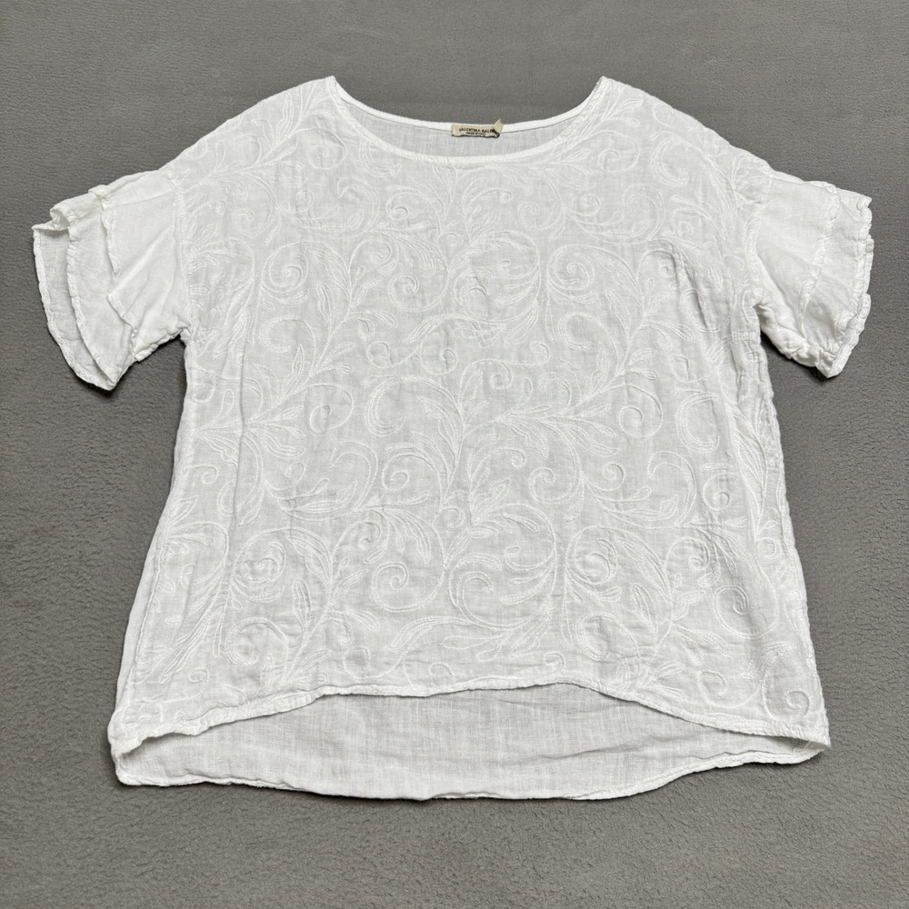Valentina Naldi Top Womens Medium White Linen Embroidered Ruffle Sleeve Italy